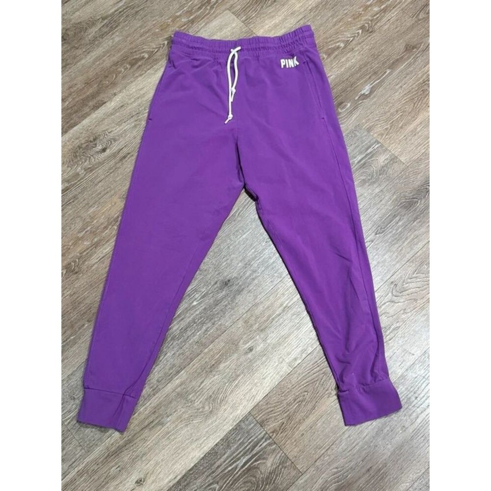 PINK Women's Purple Fleece Jogger Sweatpants Logo Pockets L Drawstring 28"